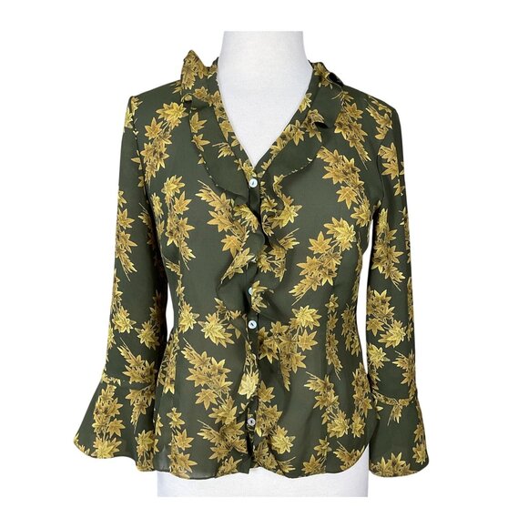 Jones Wear Long Bell Sleeve V-Neck Ruffled Button Front VTG Leaves Blouse 6 - Picture 1 of 8